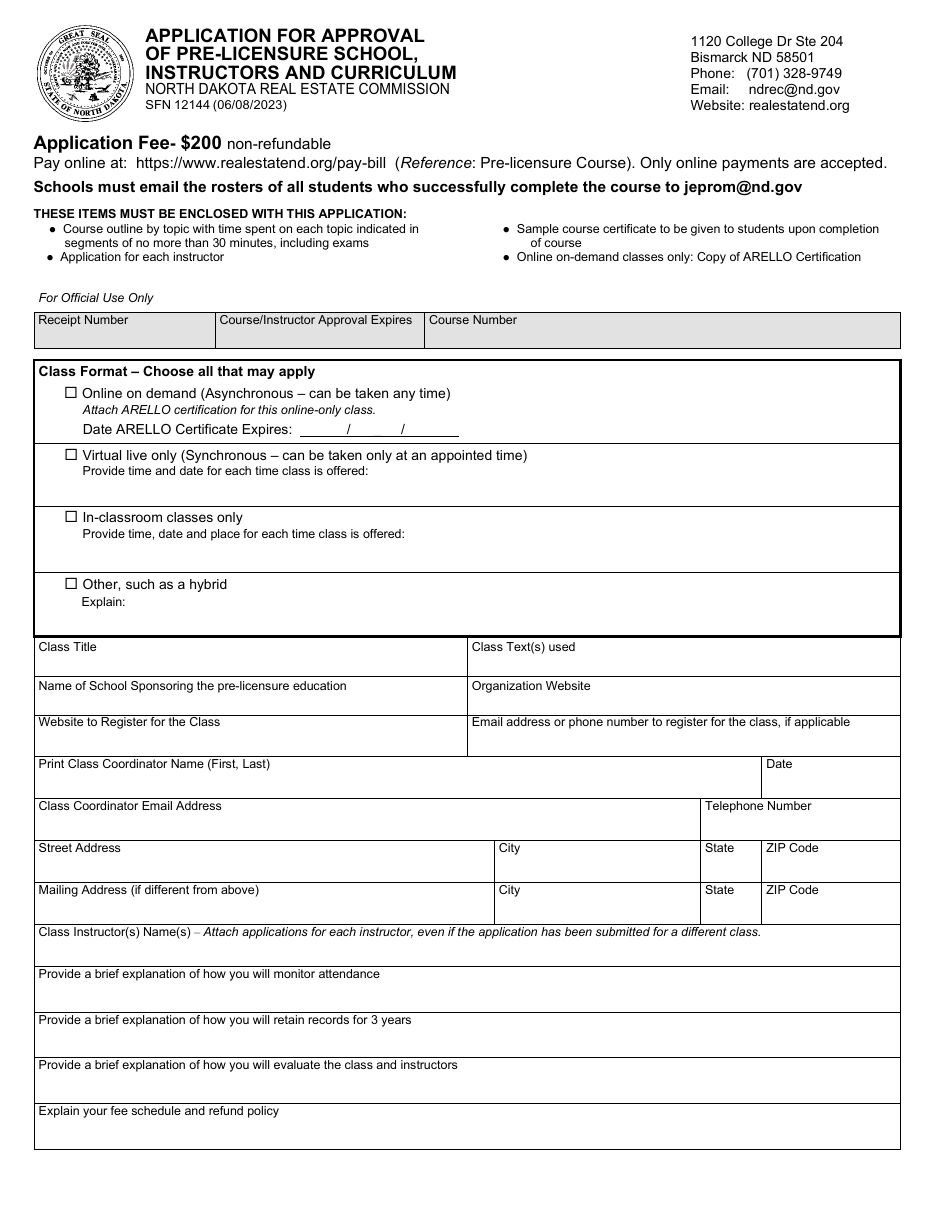Form SFN12144 Application for Approval of Pre-licensure School, Instructors and Curriculum - North Dakota, Page 1