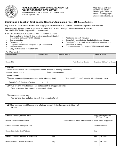 Form SFN12190 Real Estate Continuing Education (Ce) Course Sponsor Application - North Dakota