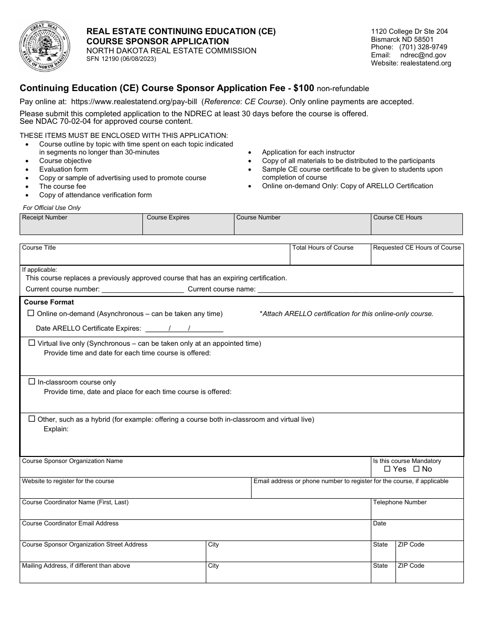 Form SFN12190 Real Estate Continuing Education (Ce) Course Sponsor Application - North Dakota, Page 1