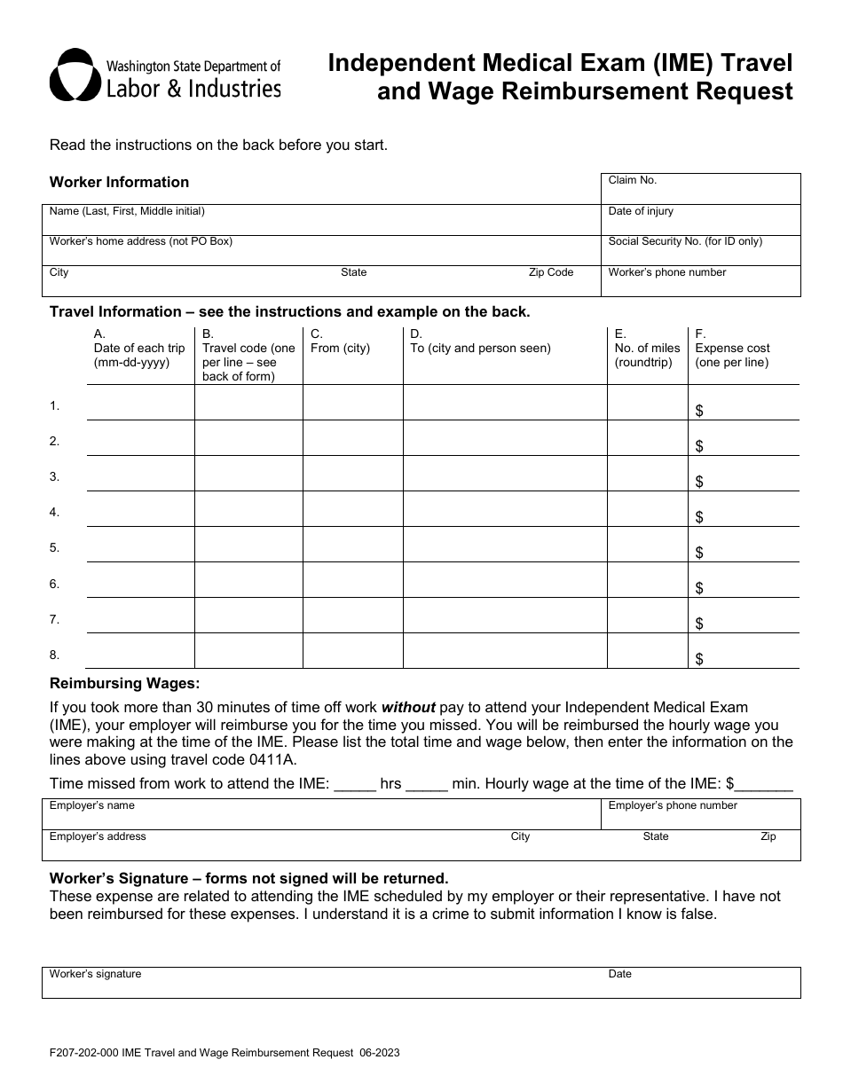Form F207-202-000 Independent Medical Exam (Ime) Travel and Wage Reimbursement Request - Washington, Page 3