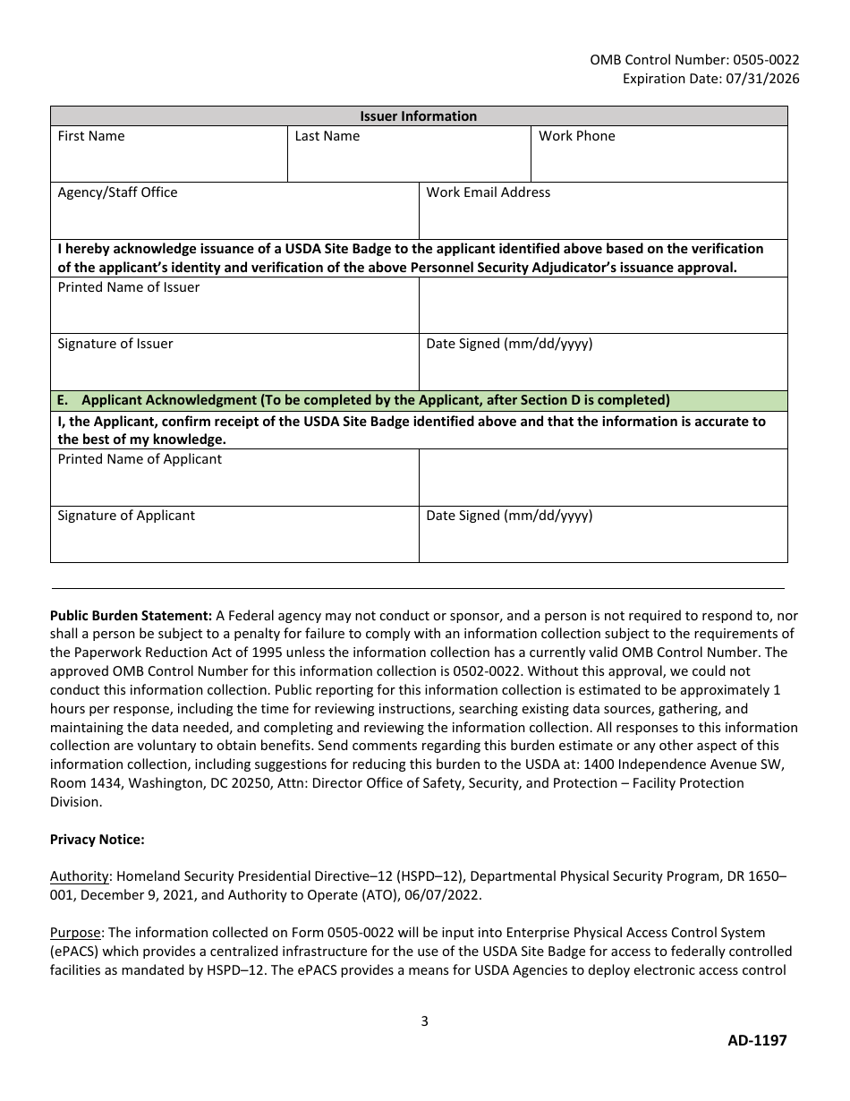 Form AD-1197 Request for Usda Site Badge, Page 3