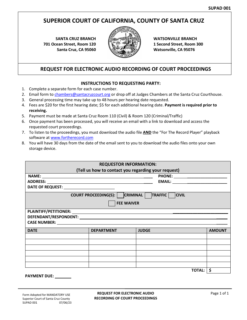 Form SUPAD001 Request for Electronic Audio Recording of Court Proceedings - Santa Cruz County, California, Page 1