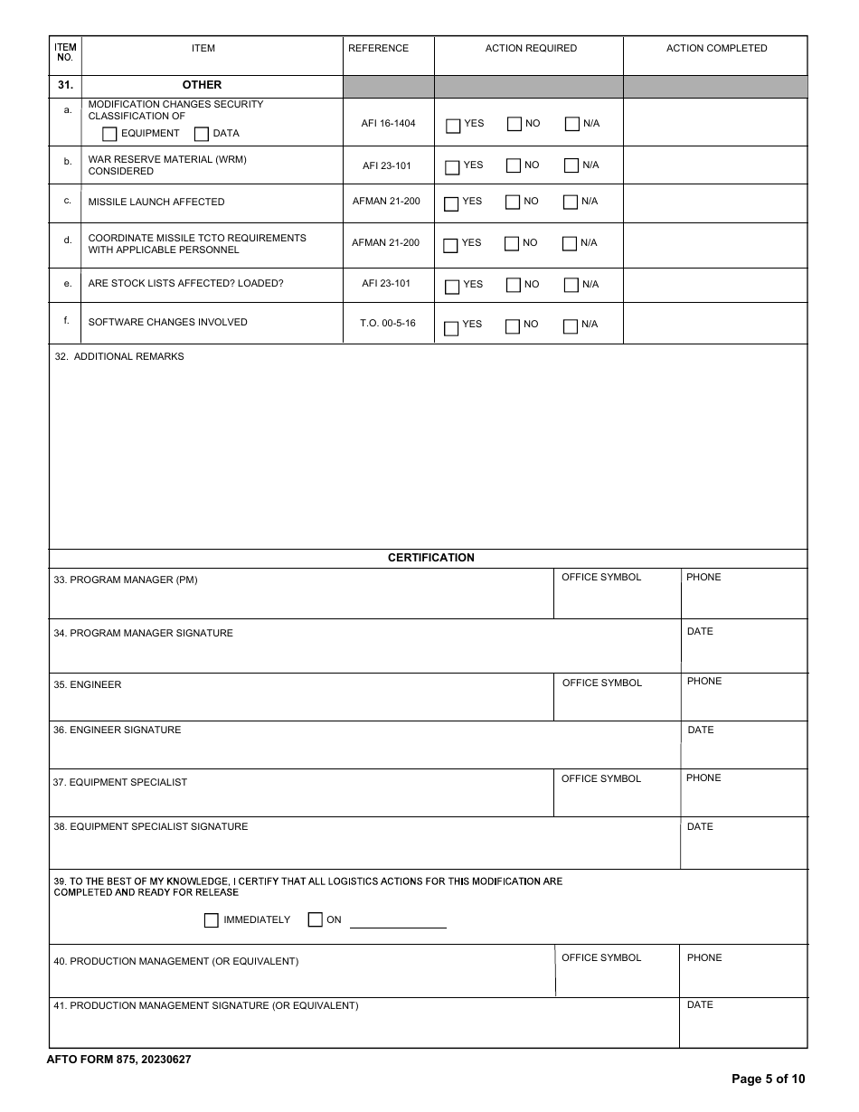 AFTO Form 875 Time Compliance Technical Order Programming Document, Page 5