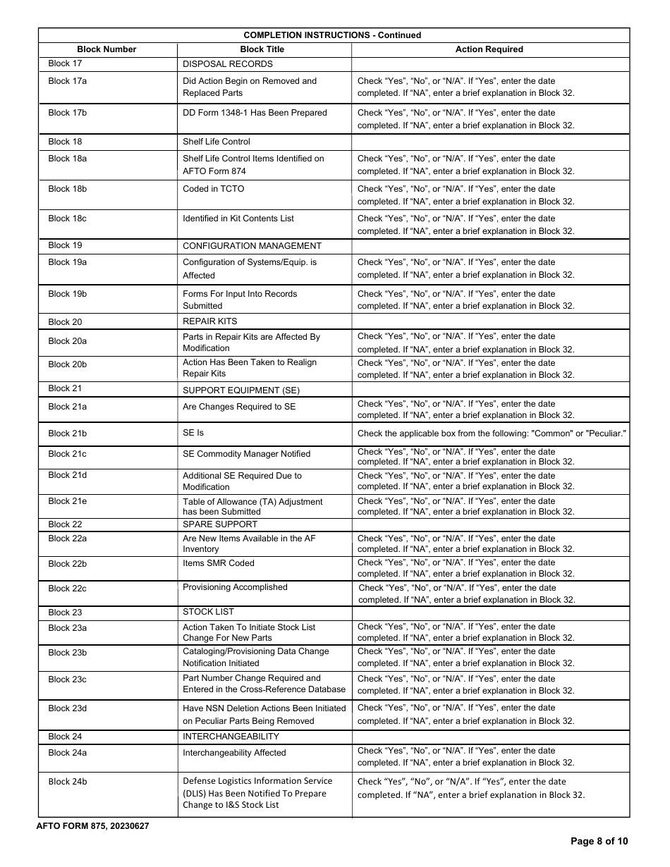 AFTO Form 875 Time Compliance Technical Order Programming Document, Page 8
