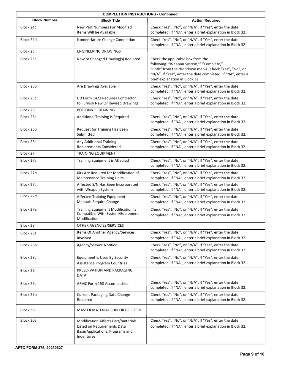 AFTO Form 875 Time Compliance Technical Order Programming Document, Page 9