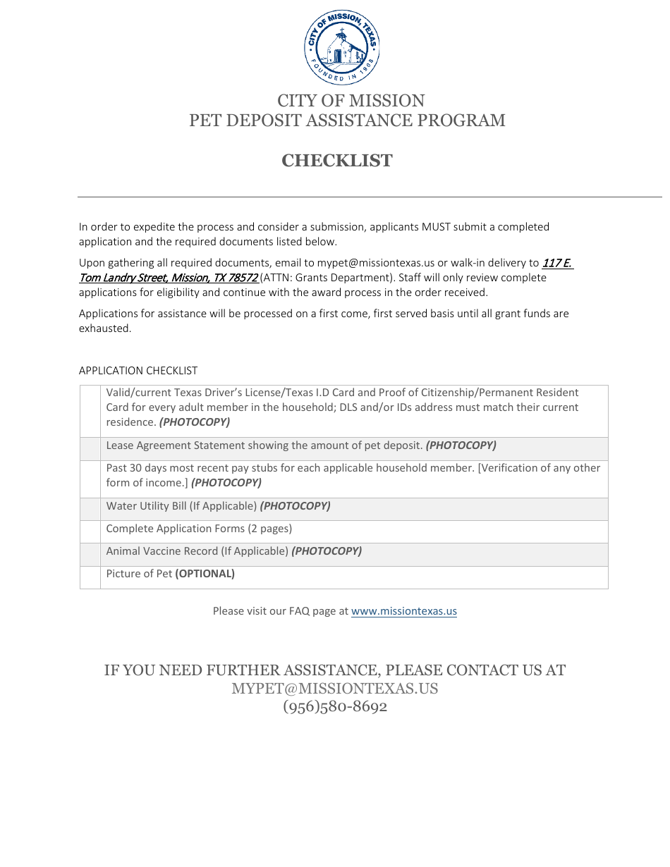 Pet Deposit Assistance Program Application - City of Mission, Texas, Page 1