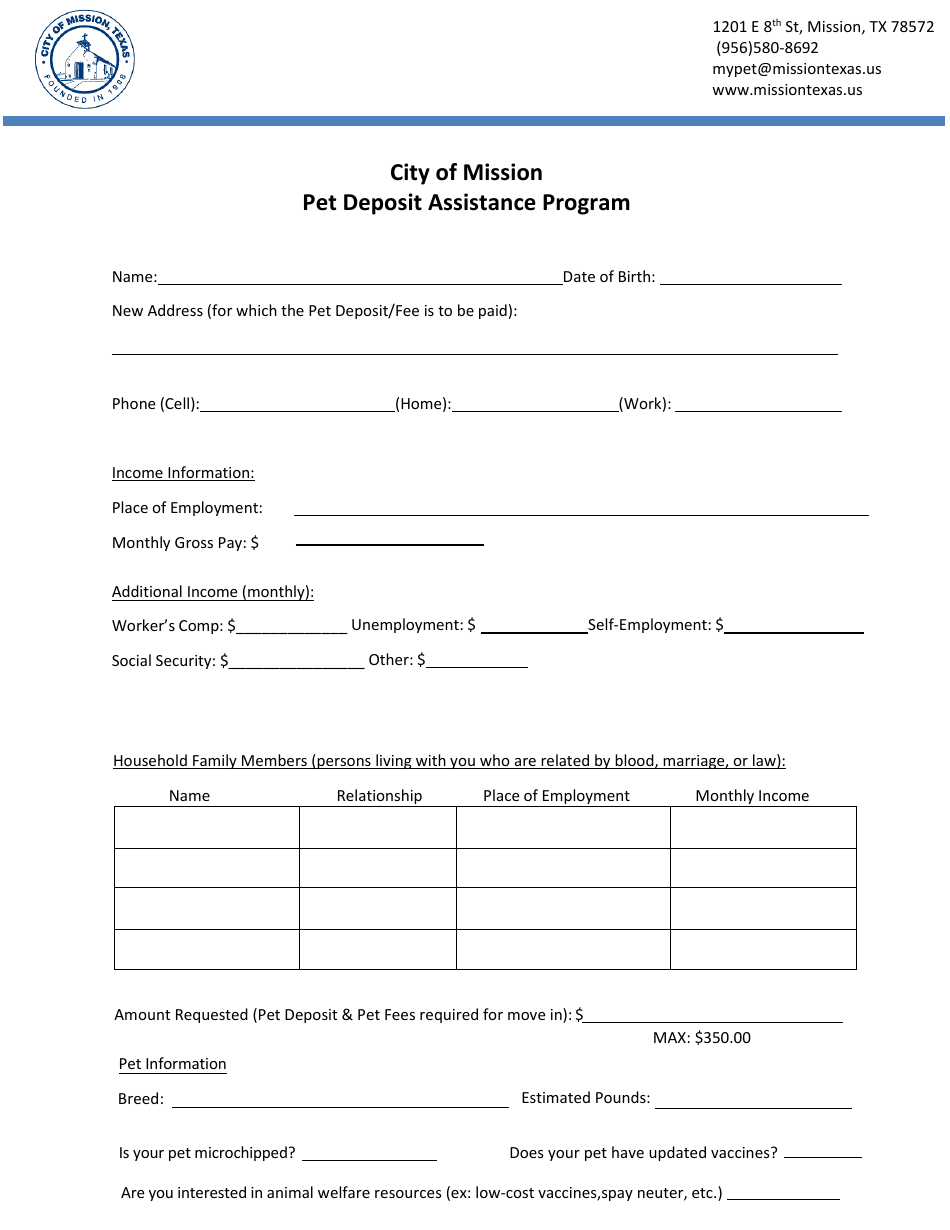 City of Mission, Texas Pet Deposit Assistance Program Application
