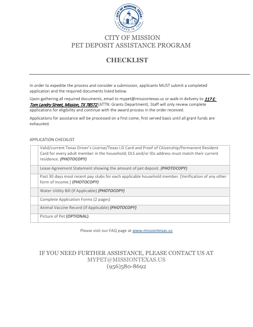 Pet Deposit Assistance Program Application - City of Mission, Texas