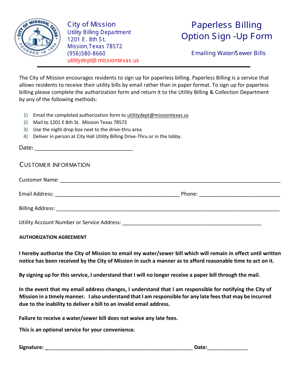 Paperless Billing Option Sign-Up Form - City of Mission, Texas, Page 1