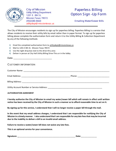 Paperless Billing Option Sign-Up Form - City of Mission, Texas