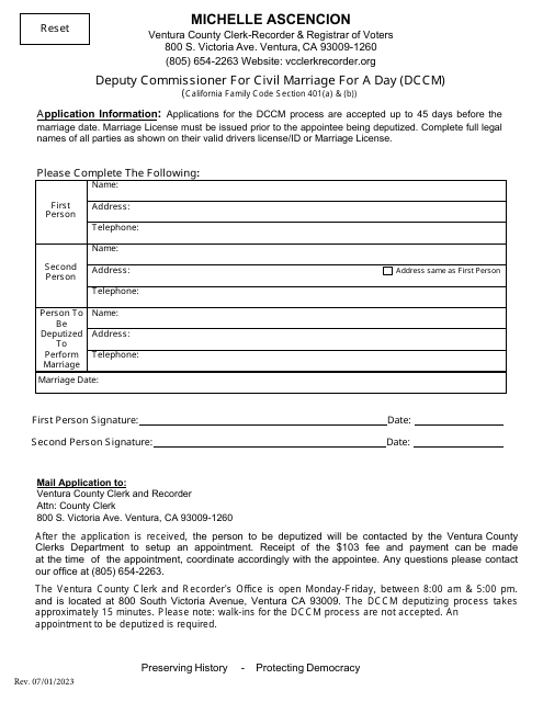Deputy Commissioner for Civil Marriage for a Day (Dccm) - Ventura County, California Download Pdf