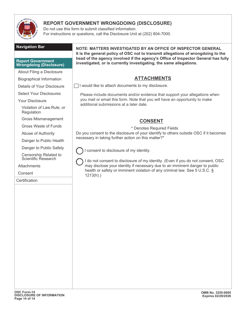 OSC Form 14 Report Government Wrongdoing (Disclosure), Page 13