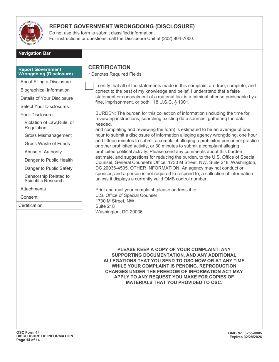OSC Form 14 Report Government Wrongdoing (Disclosure), Page 14