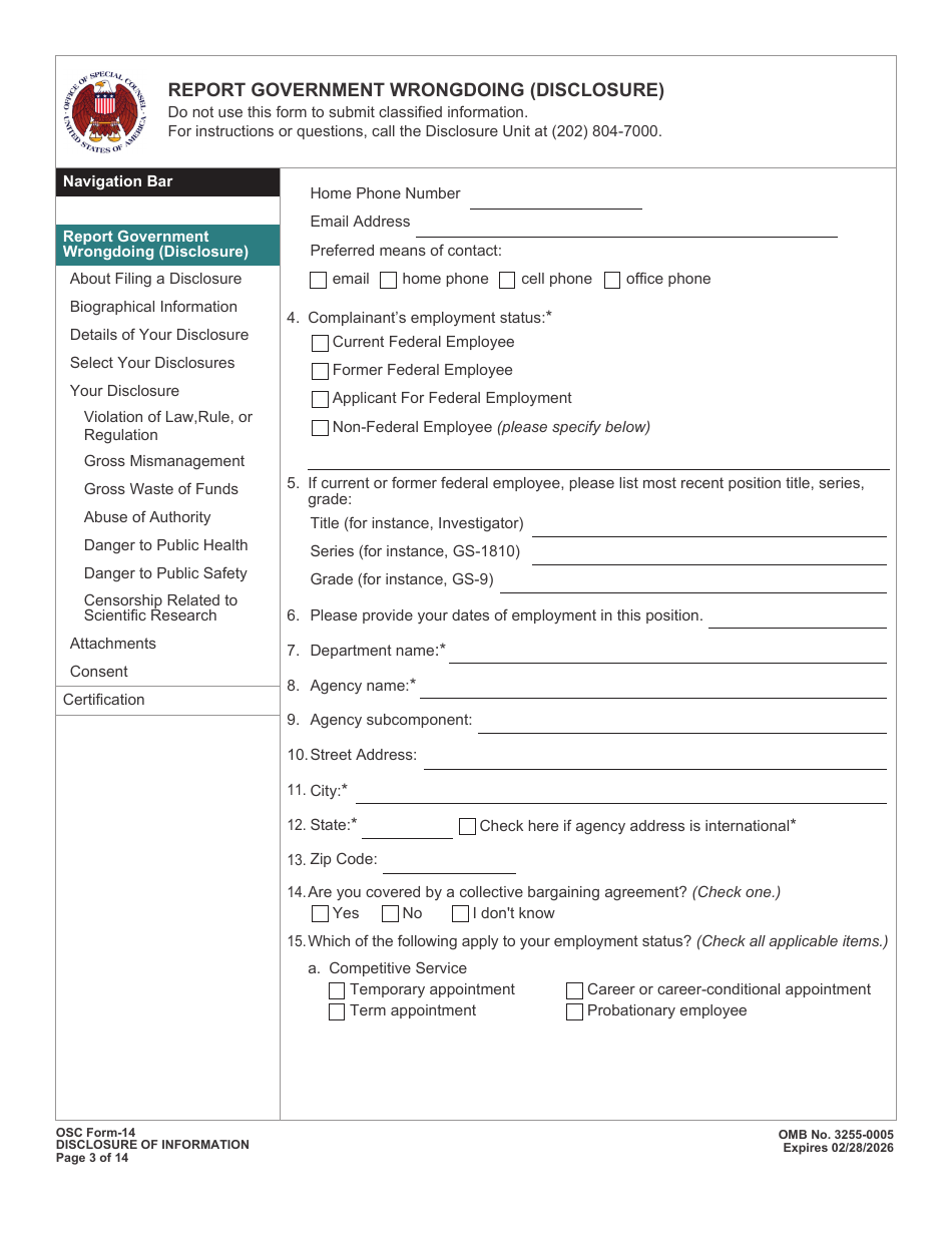 OSC Form 14 Report Government Wrongdoing (Disclosure), Page 3