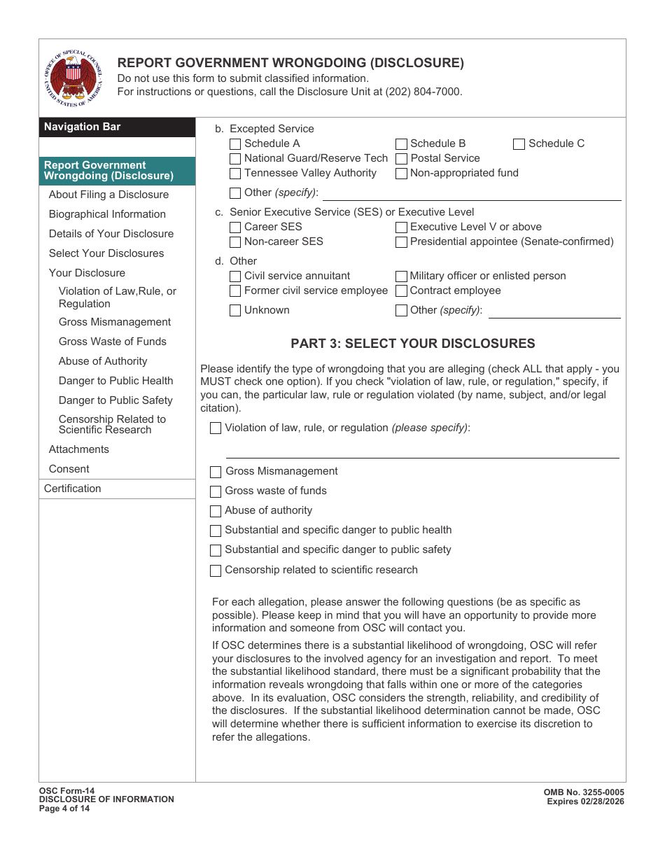 OSC Form 14 Report Government Wrongdoing (Disclosure), Page 4