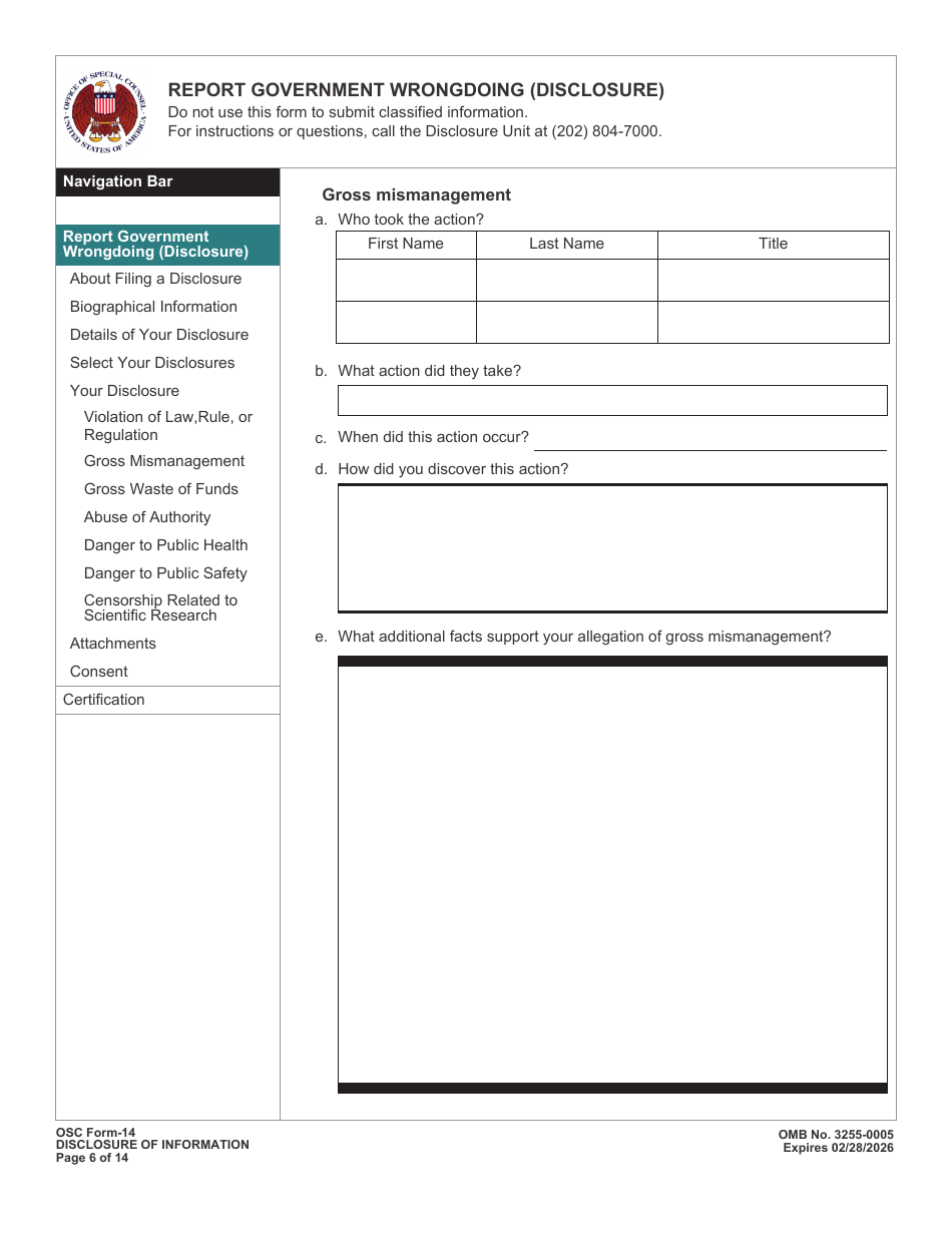 OSC Form 14 Report Government Wrongdoing (Disclosure), Page 6