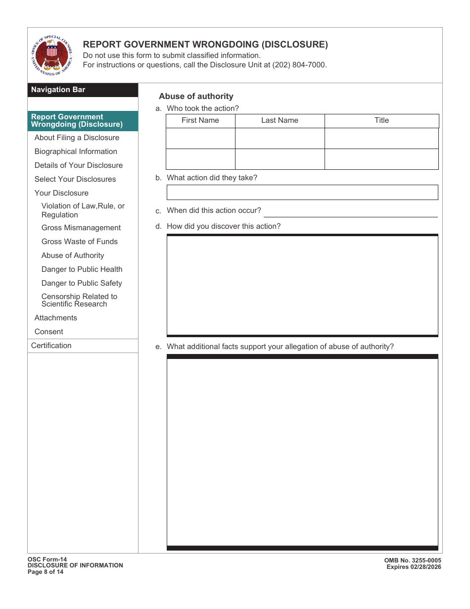 OSC Form 14 Report Government Wrongdoing (Disclosure), Page 8