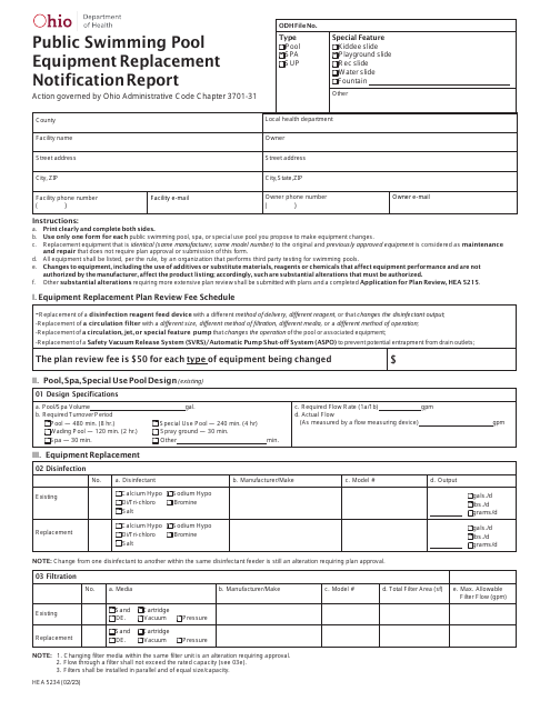 Form HEA5234 Public Swimming Pool Equipment Replacement Notification Report - Ohio