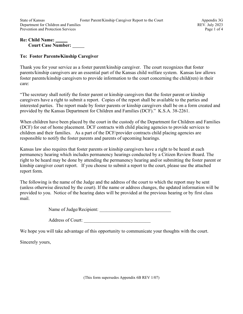 Appendix 3G Download Printable PDF or Fill Online Foster Parent/Kinship