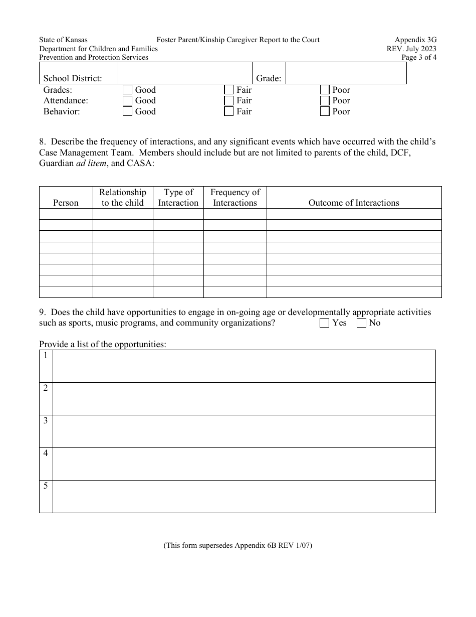 Appendix 3G Foster Parent / Kinship Caregiver Report to the Court - Kansas, Page 3