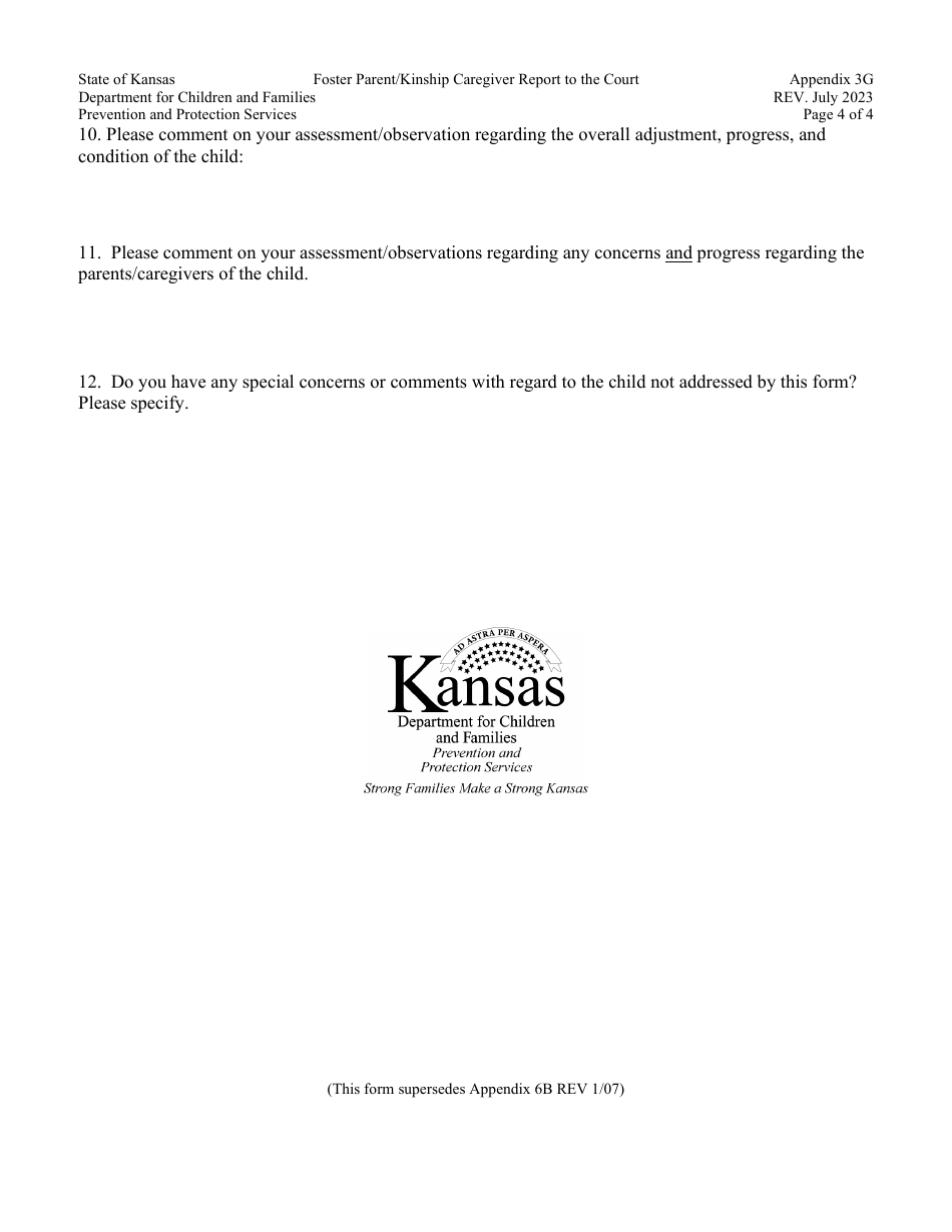 Appendix 3G Foster Parent / Kinship Caregiver Report to the Court - Kansas, Page 4