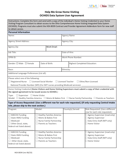 Form HEA8034 Ochids Data System User Agreement - Help Me Grow Home Visiting - Ohio