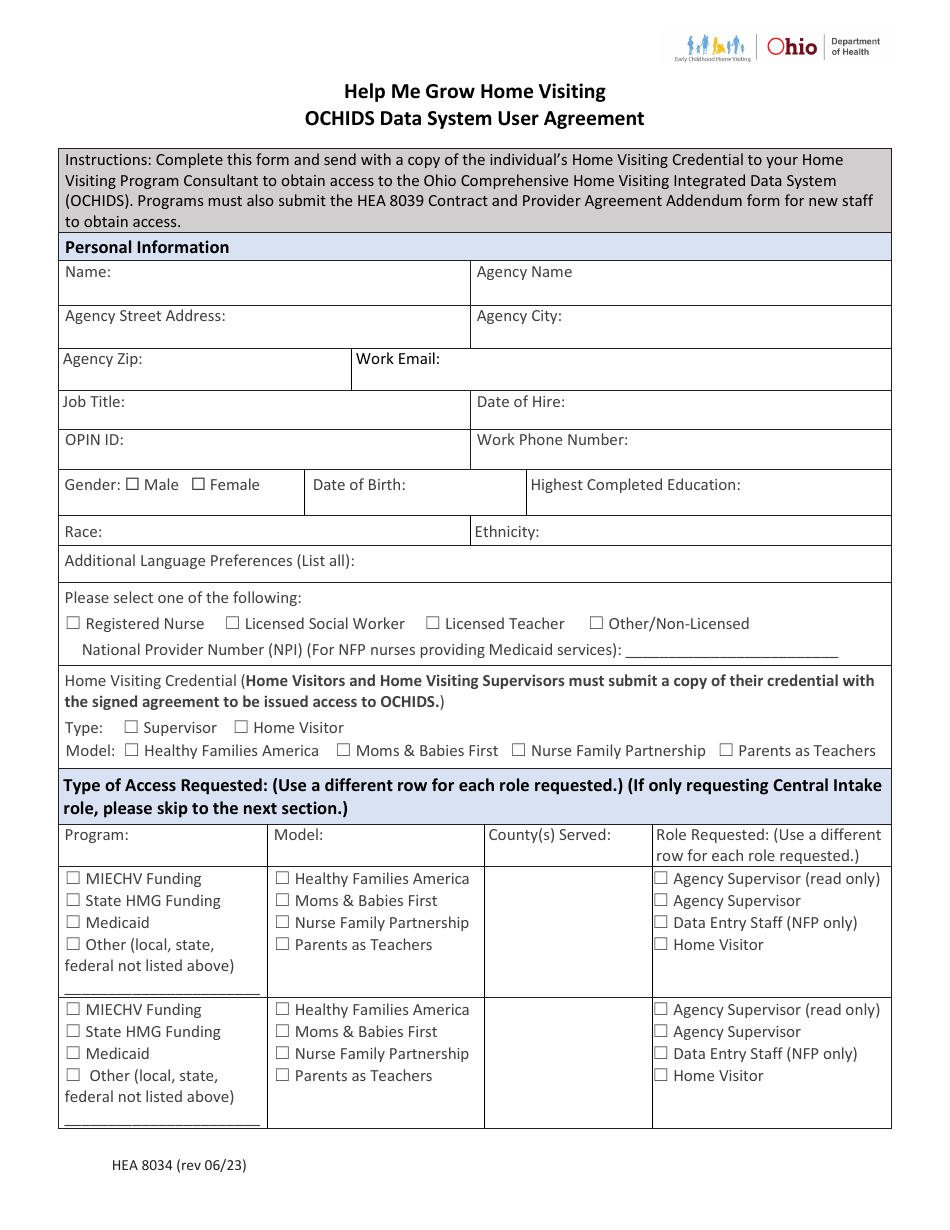 Form HEA8034 Ochids Data System User Agreement - Help Me Grow Home Visiting - Ohio, Page 1