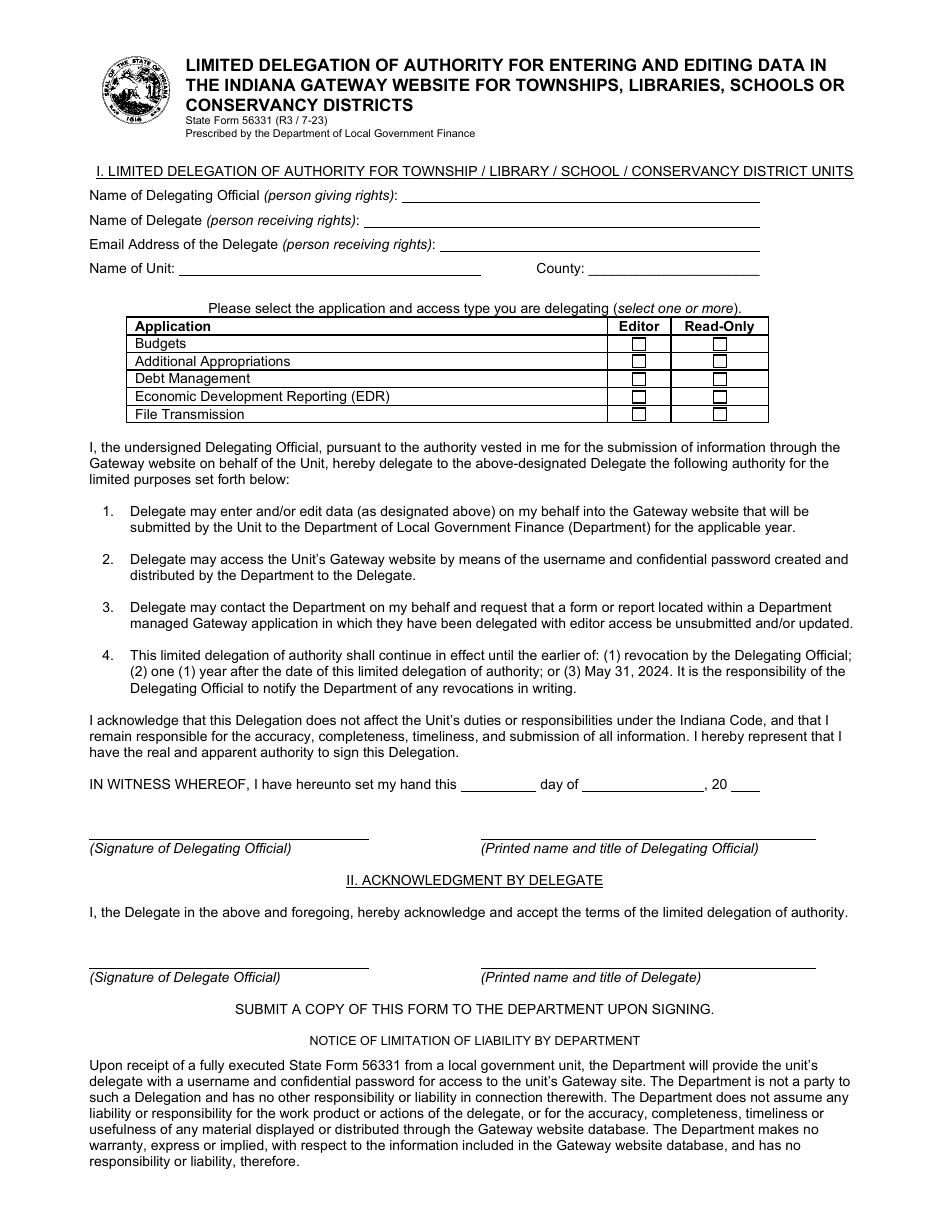 State Form 56331 Limited Delegation of Authority for Entering and Editing Data in the Indiana Gateway Website for Townships, Libraries, Schools or Conservancy Districts - Indiana, Page 1