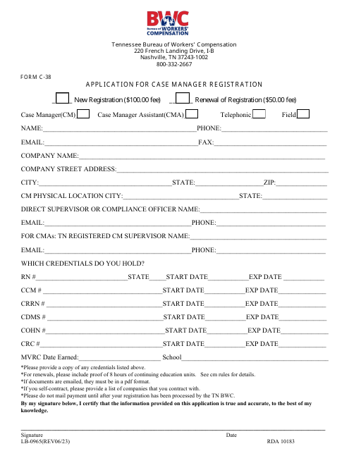 Form C-38 (LB-0965) Application for Case Manager Registration - Tennessee