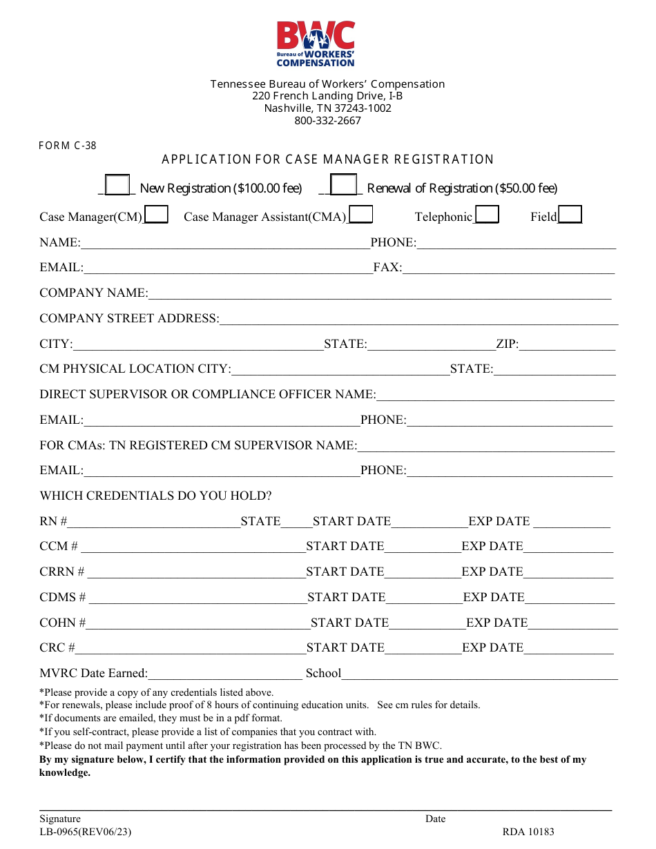 Form C-38 (LB-0965) Application for Case Manager Registration - Tennessee, Page 1