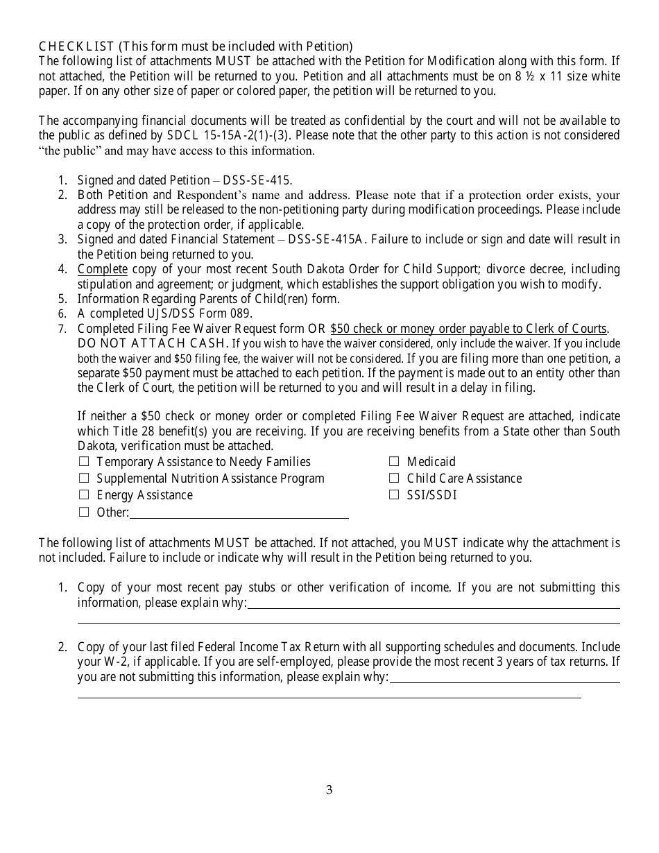 Form DSS-SE-415 Petition for Modification of Child Support Obligation - South Dakota, Page 6