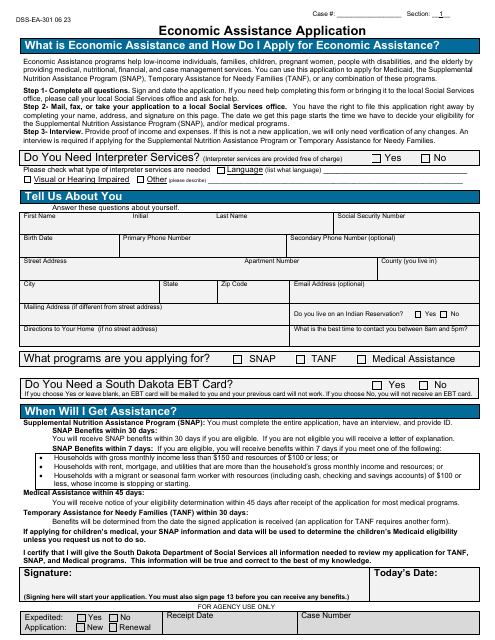 Form DSS-EA-301 Economic Assistance Application - South Dakota