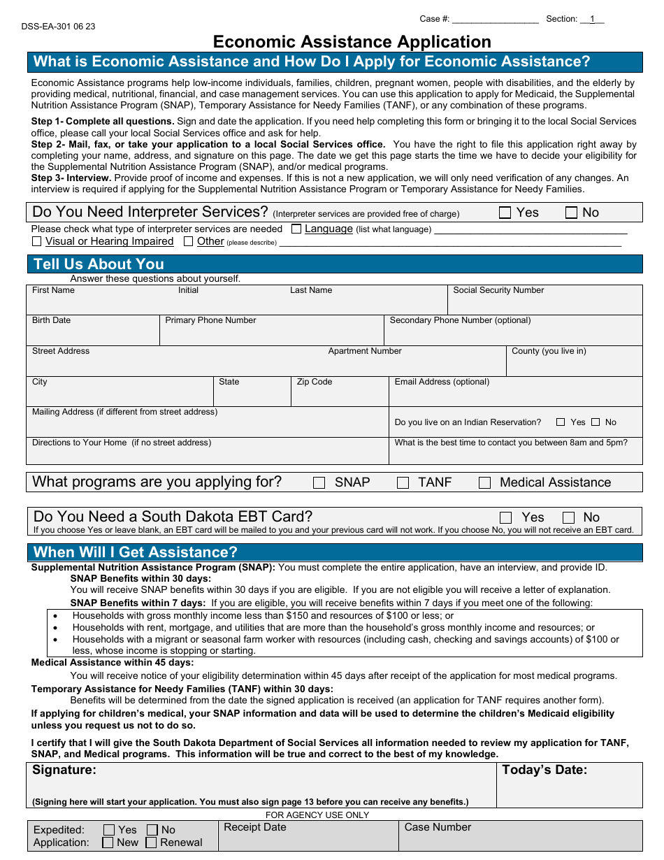 Form DSS-EA-301 Download Printable PDF or Fill Online Economic ...