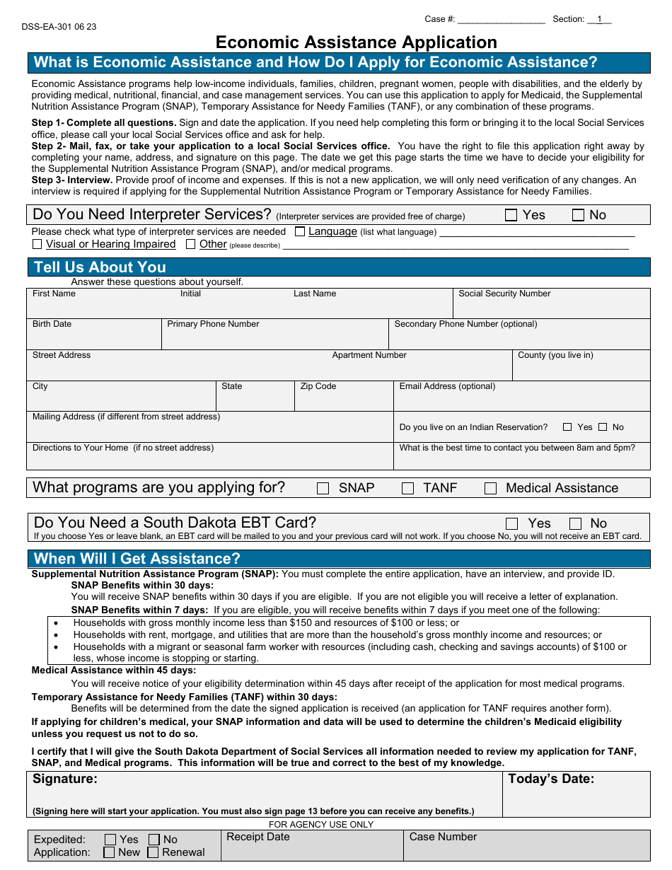 Form DSS-EA-301 Economic Assistance Application - South Dakota, Page 1
