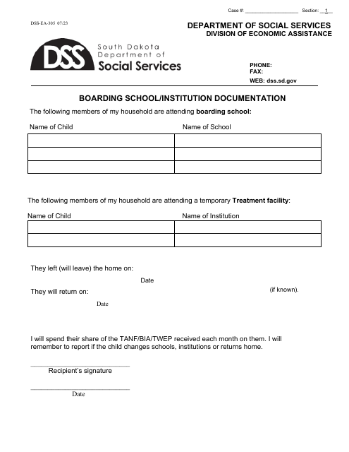 Form DSS-EA-305 Boarding School/Institution Documentation - South Dakota