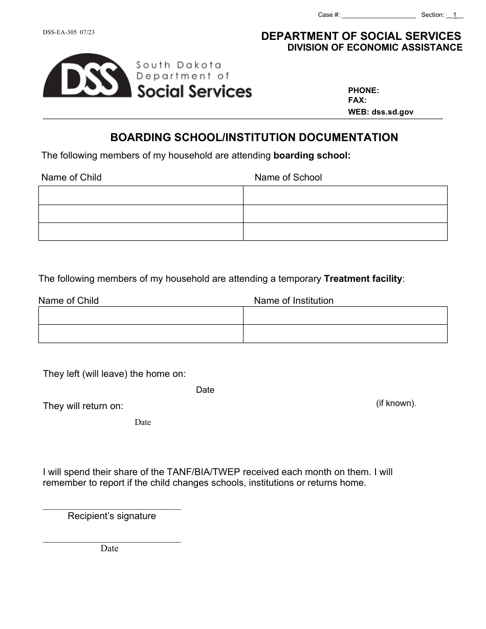 Form DSS-EA-305 Boarding School / Institution Documentation - South Dakota, Page 1