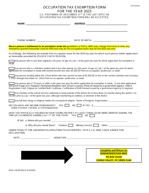 Form PGA-14 (I2276) Occupation Tax Exemption Form - Pine Grove Area School District - Pennsylvania, 2023
