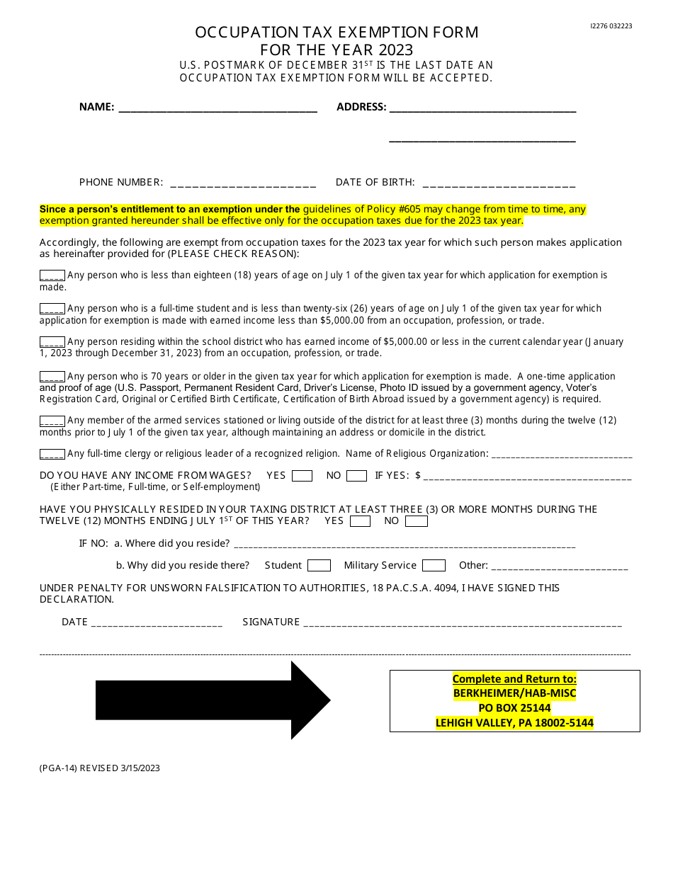 Form PGA-14 (I2276) Occupation Tax Exemption Form - Pine Grove Area School District - Pennsylvania, Page 1