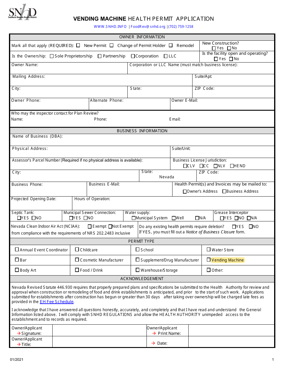 Nevada Vending Machine Health Permit Application - Fill Out, Sign ...