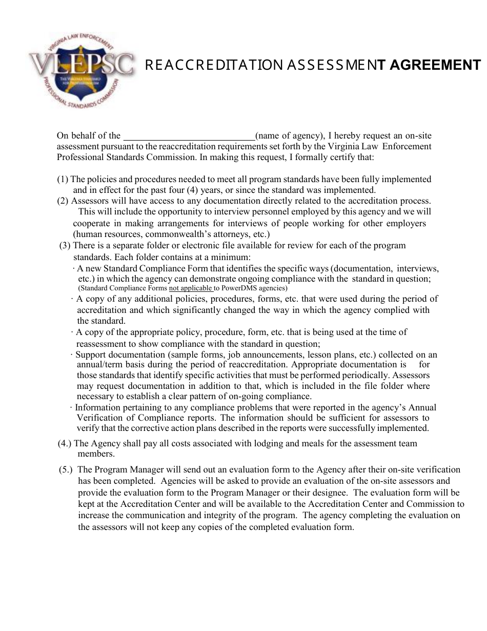 Reaccreditation Assessment Agreement - Virginia, Page 1