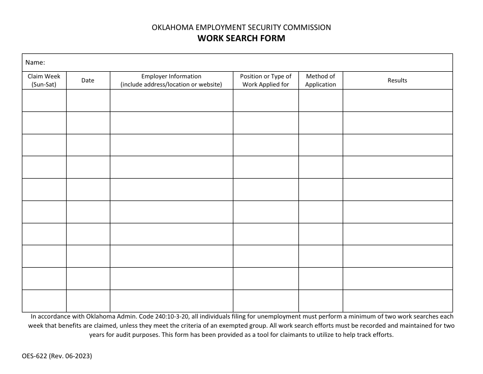 Form OES-622 Work Search Form - Oklahoma, Page 1