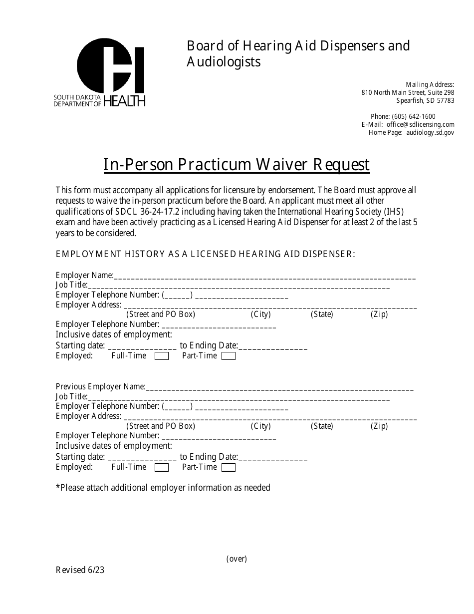 South Dakota Inperson Practicum Waiver Request Board of Hearing Aid
