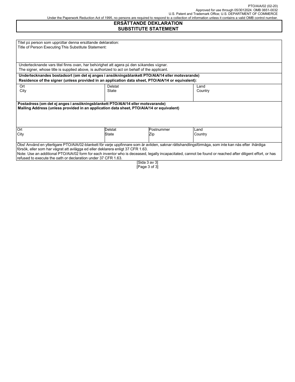 Form PTO / AIA / 02SE Substitute Statement in Lieu of an Oath or Declaration for Utility or Design Patent Application (35 U.s.c. 115(D) and 37 Cfr 1.64) (English / Swedish), Page 3