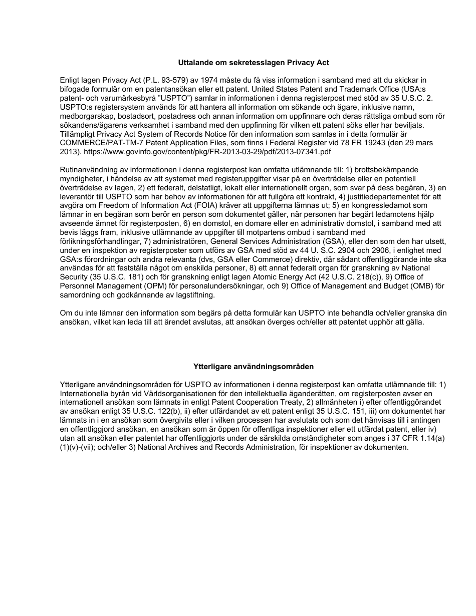 Form PTO / AIA / 02SE Substitute Statement in Lieu of an Oath or Declaration for Utility or Design Patent Application (35 U.s.c. 115(D) and 37 Cfr 1.64) (English / Swedish), Page 4