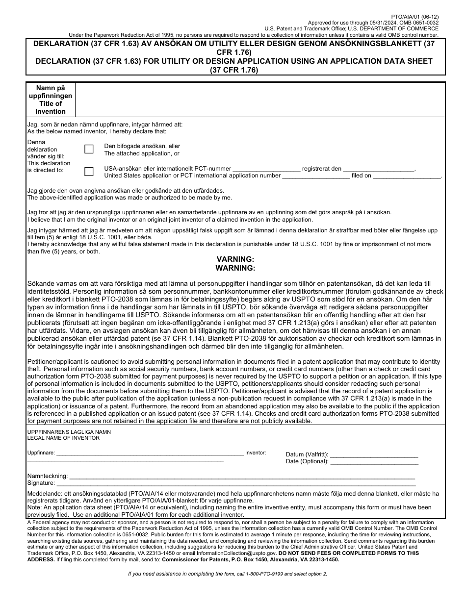 Form PTO / AIA / 01SE Declaration (37 Cfr 1.63) for Utility or Design Application Using an Application Data Sheet (37 Cfr 1.76) (English / Swedish), Page 1