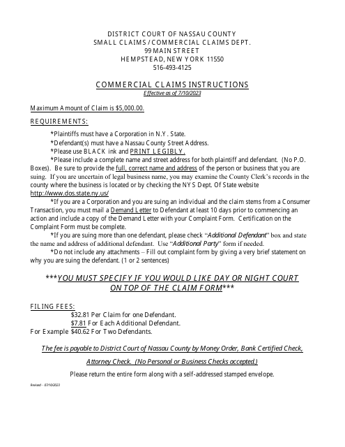 Instructions for Commercial Claims Complaint Form - Nassau County, New York