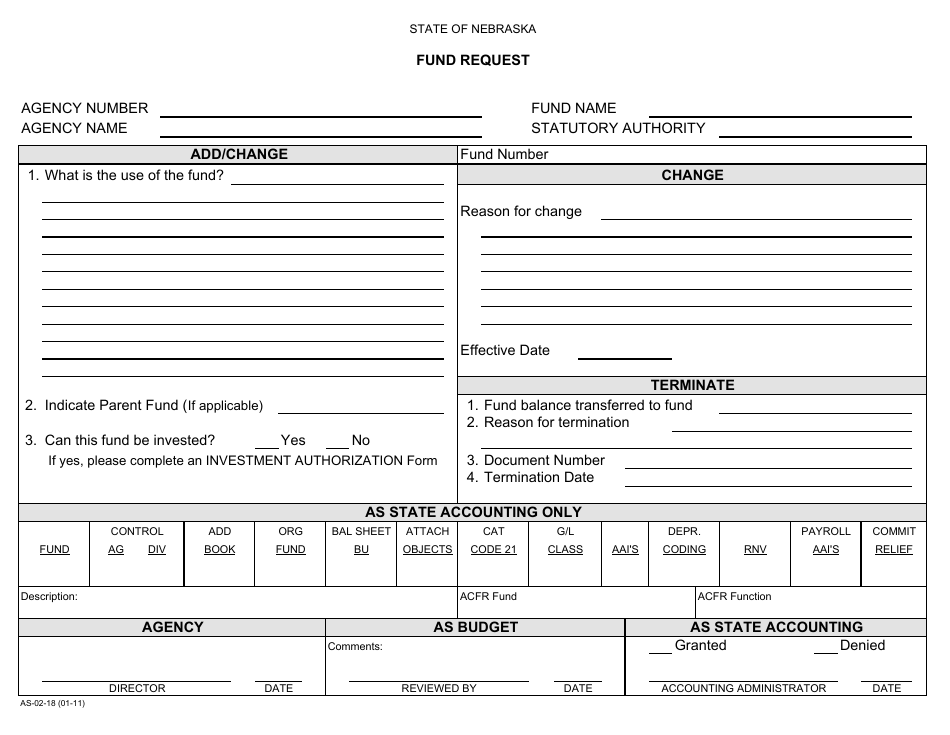 Form AS-02-18 Fund Request - Nebraska, Page 1