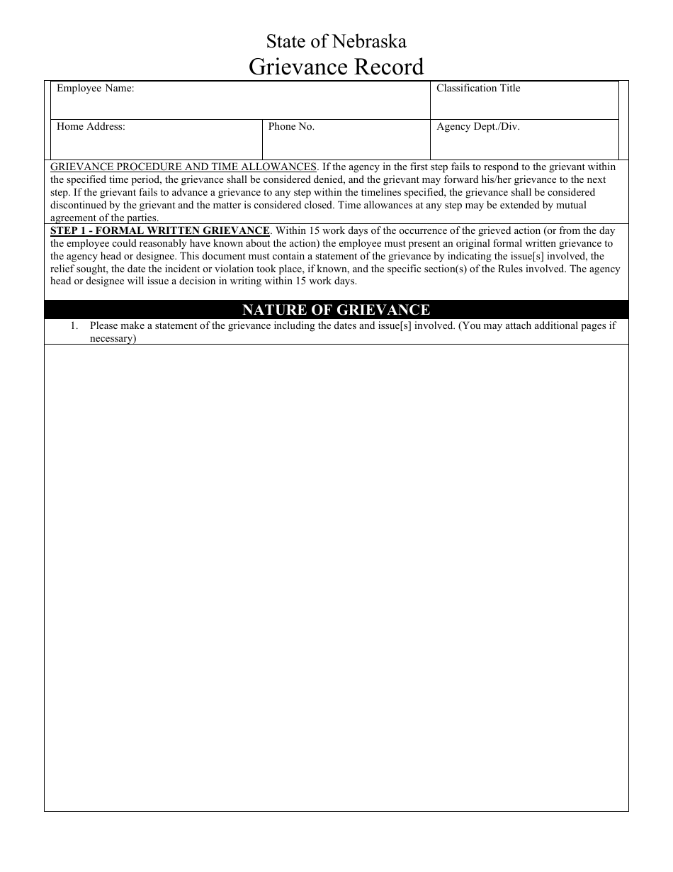 SPS Form 9A Grievance Record - Nebraska, Page 1