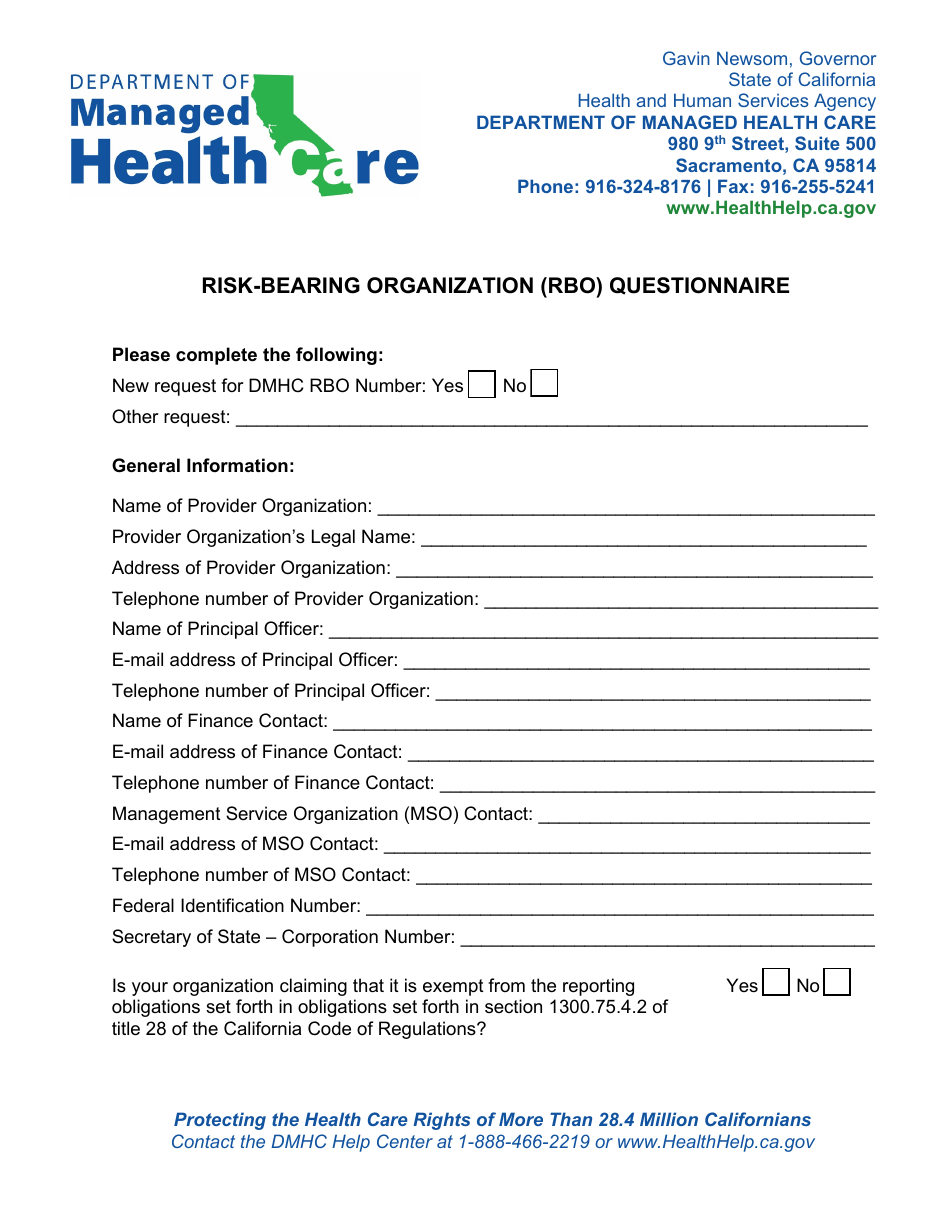 Risk-Bearing Organization (Rbo) Questionnaire - California, Page 1