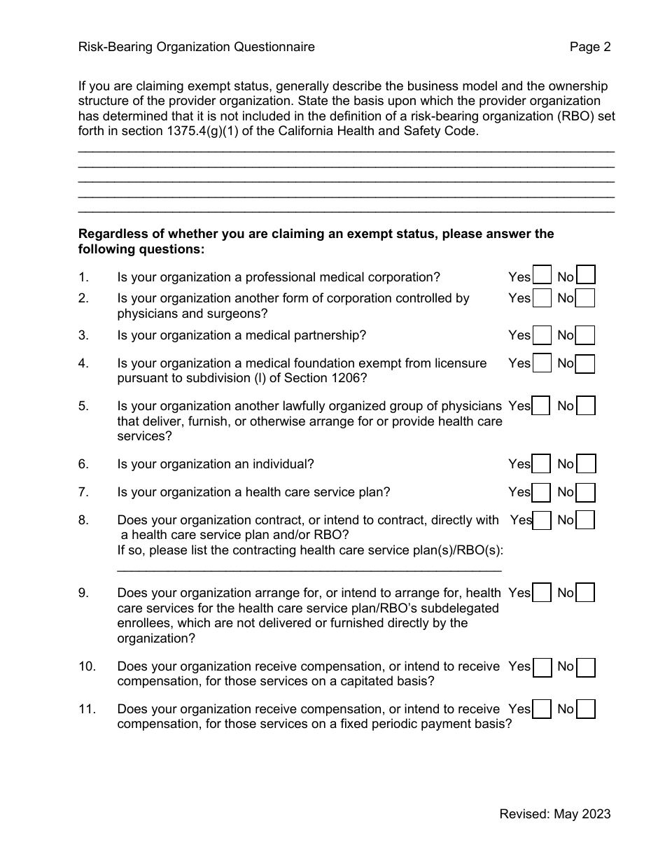 Risk-Bearing Organization (Rbo) Questionnaire - California, Page 2